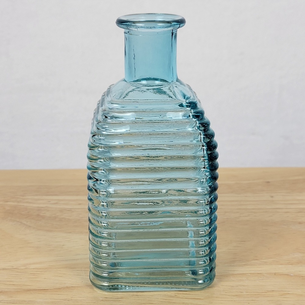 Vintage Aqua Blue Ribbed Glass Bottle Vase Square Apothecary Pharmacy Style